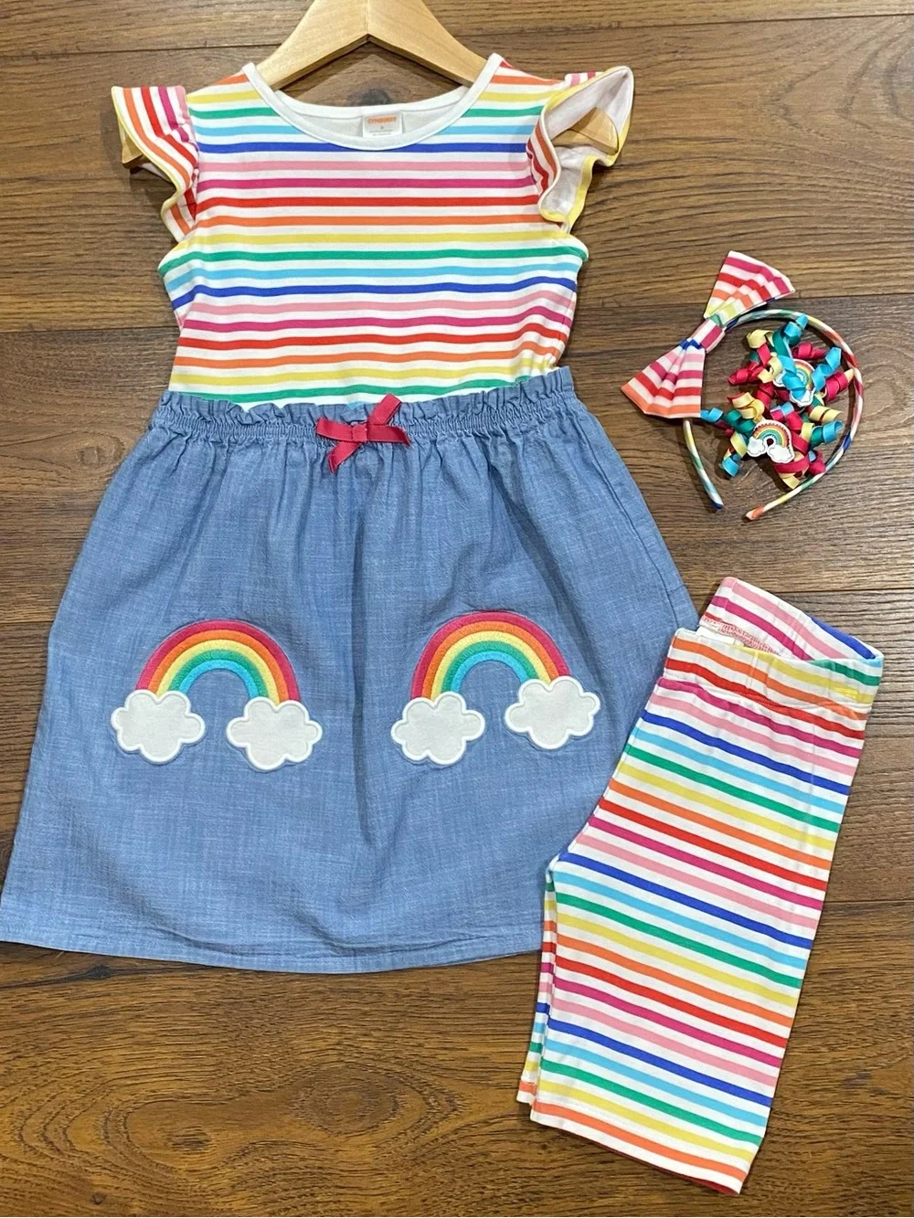 Gymboree Girls Little Essentials Rainbow Stripes Dress 3-piece Set Size 6/7